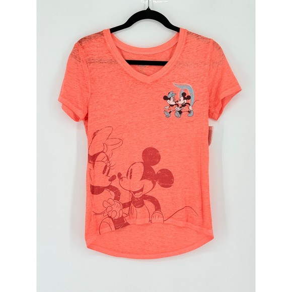 Disney Tops - Disney New Park Y2k Baby Tee Mickey Minnie Mouse Coral Fitted V-Neck T-Shirt XS